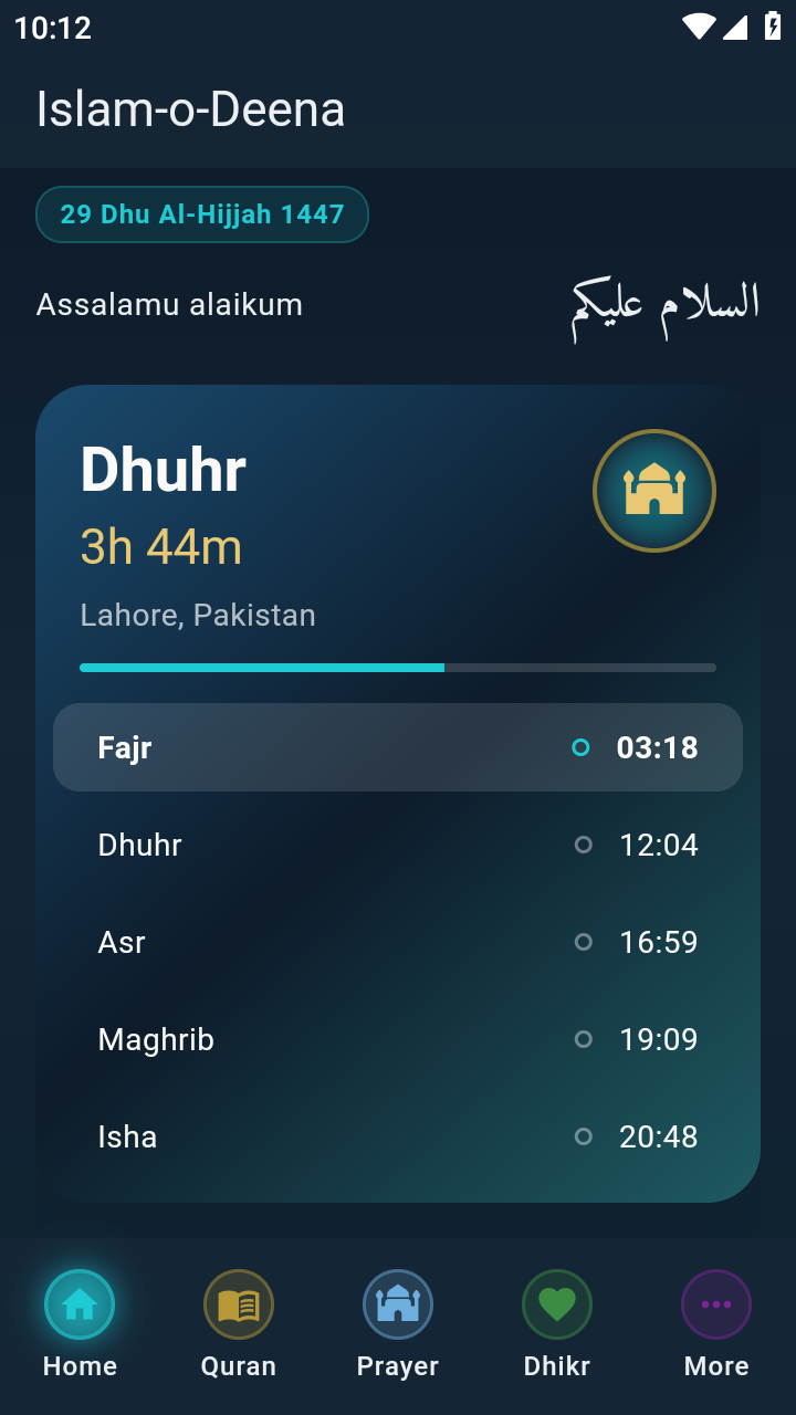 Islam-o-Deena app home screen showing prayer times